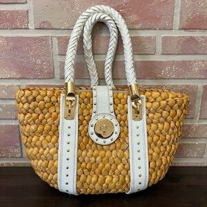 Michael Kors Santorini White Leather Natural Straw Handbag With Gold Stud Trim
